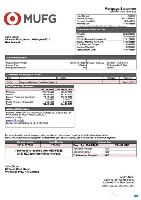 Download New Zealand MUFG Bank mortgage statement Word and PDF template Photoshop template
